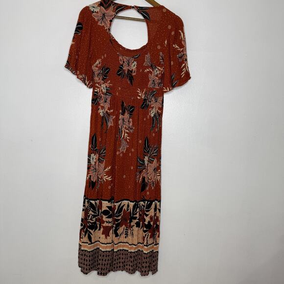 Bohme Dress Womens Small Rust Orange Floral Midi Short Sleeve Boho 100% Rayon - Picture 7 of 9